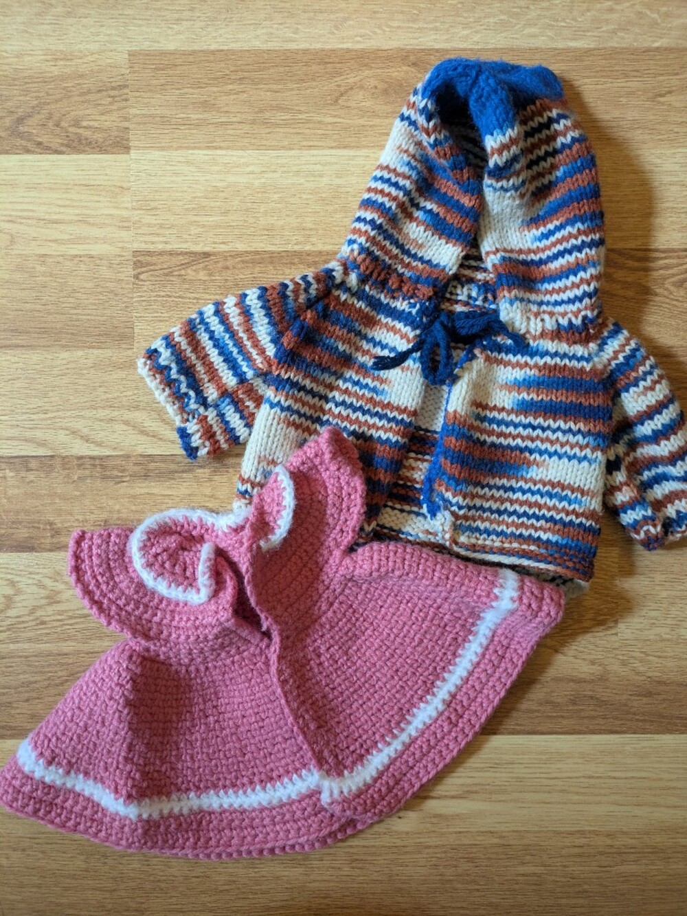 Handmade Cabbage Patch Doll Clothes Knit Hooded Cardigan & Crochet Dress Set